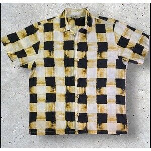 Stacy Adam Shirt Mens XXL 2XL Short Sleeve Button Up Linen Cotton Blk White Yelo